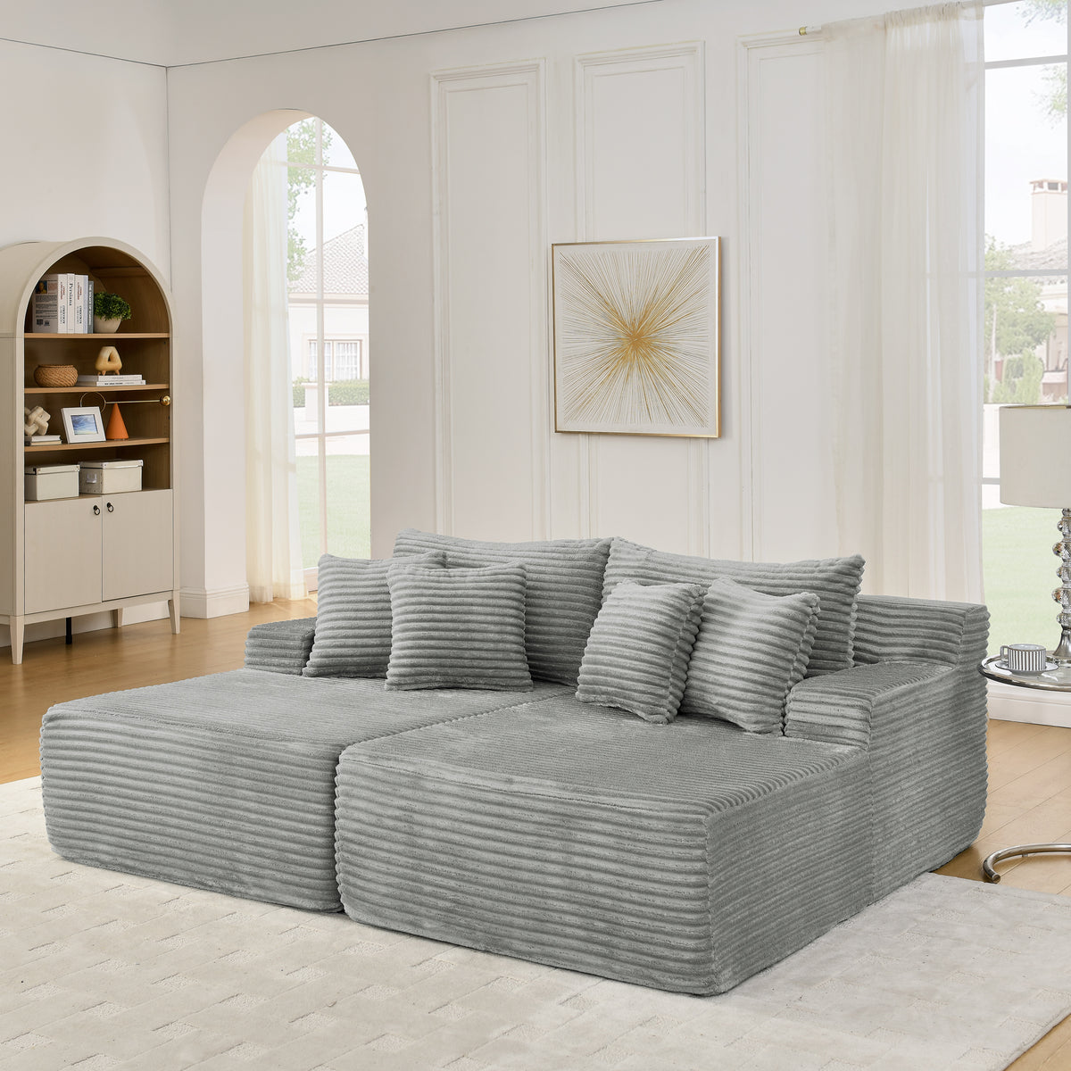 Two-seater lazy sofa lounge chair,Compressed sofa no assembly required, made of velvet fabric, fluffy modern lounge chair, used for indoor living rooms and bedrooms-Gray