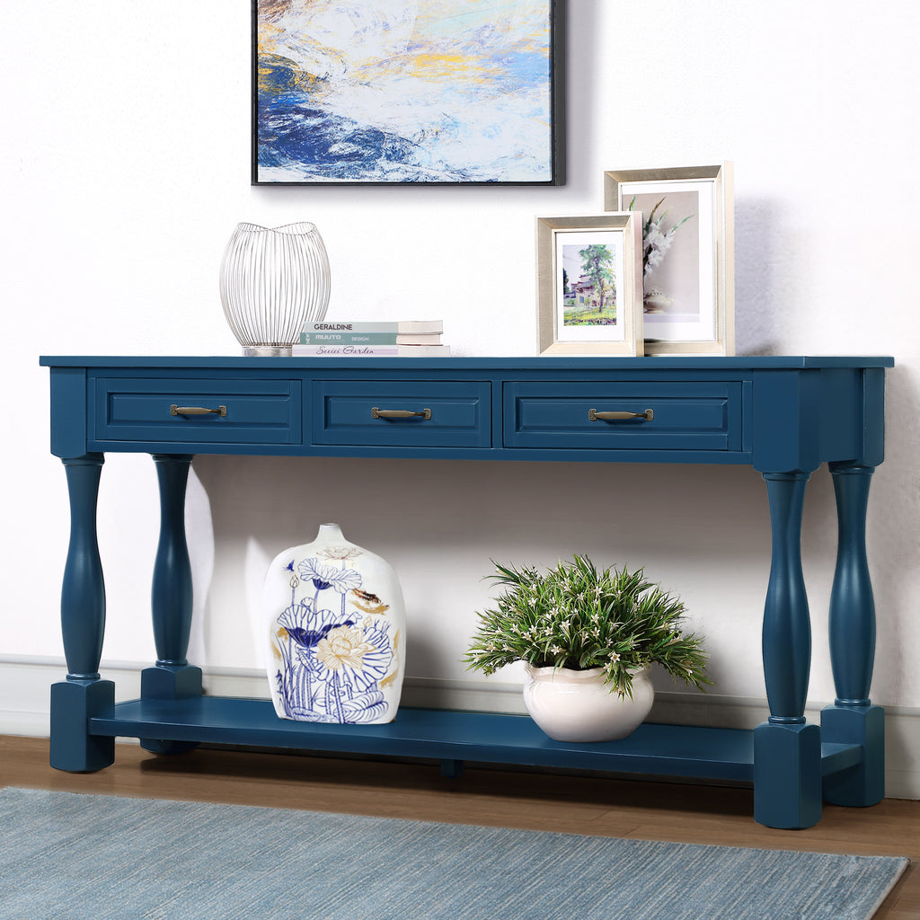 Navy blue console table — angle view