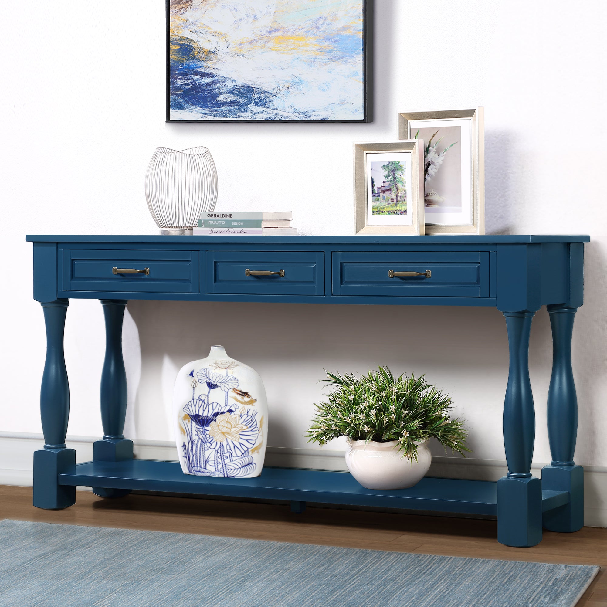 Navy blue console table — angle view