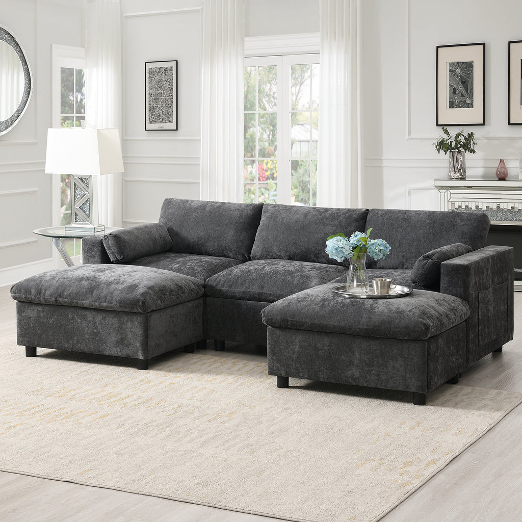 [NEW SKU of N723S7723E]84.5'' Modular Sectional Sofa with Storage Pockets, 5 Seat U Shaped Chenille Couch Set with Pillows, Free Combination Modern Cloud Sofa with Movable Ottoman