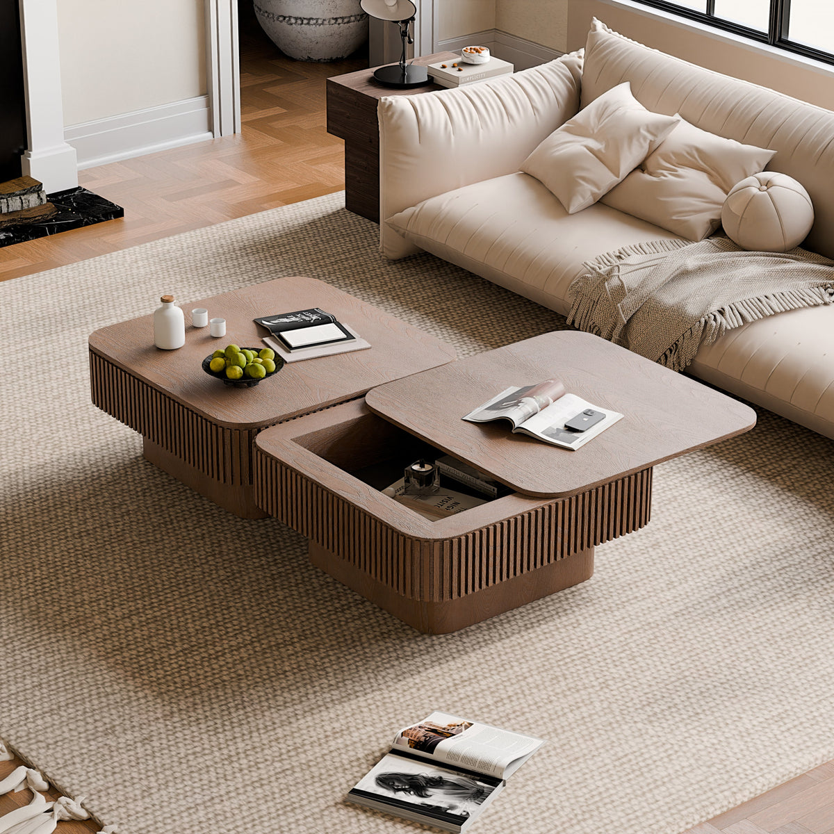 31.5'' Square Coffee Table with Storage Solid Wood Veneered Modern Coffee Table Accent Tea Table for Living Room, Bedroom, Apartment or Office, Natural Wood