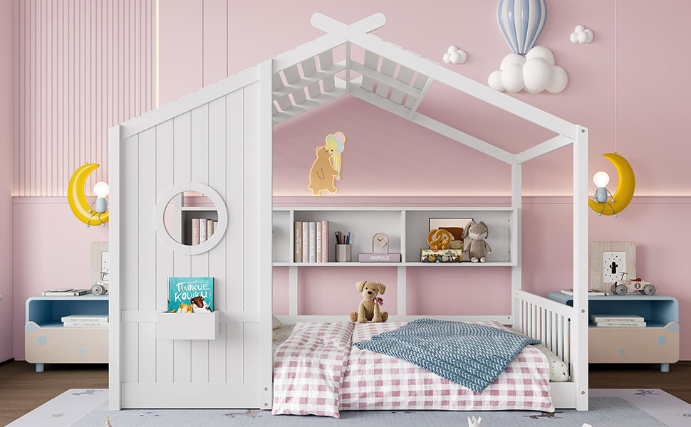Full Size Floor House Bed for Toddler, Kids Montessori Bed with Storage Shelf, Playhouse Bed with Roof Design, Gray