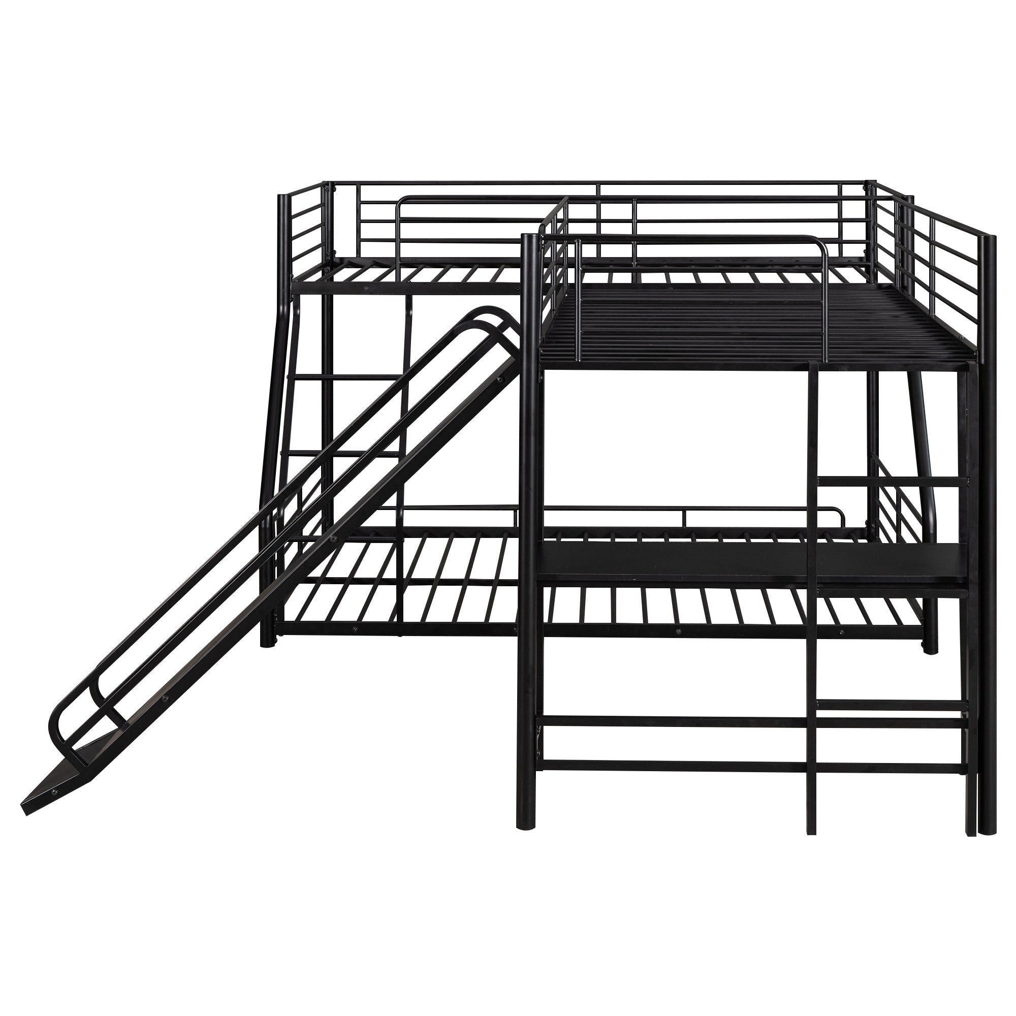 Black L-Shaped Twin over Full Bunk Bed with Twin Loft, Desk & Slide — Metal & MDF
