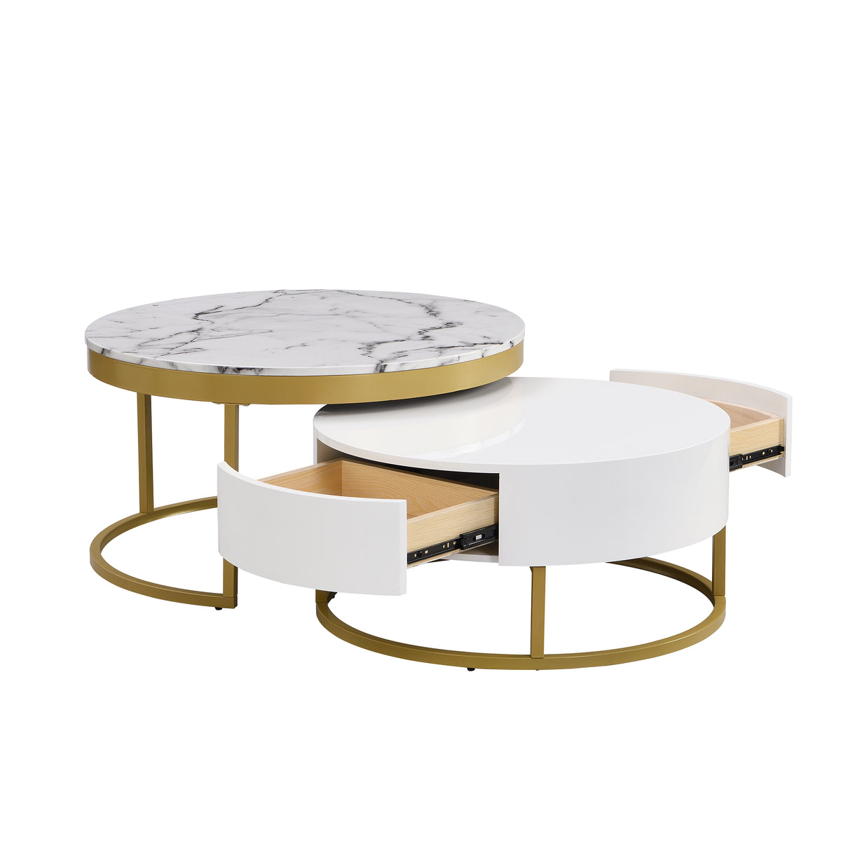 Modern Round Nesting Coffee Table with Drawers in White and Gold, MDF Top with Metal Base