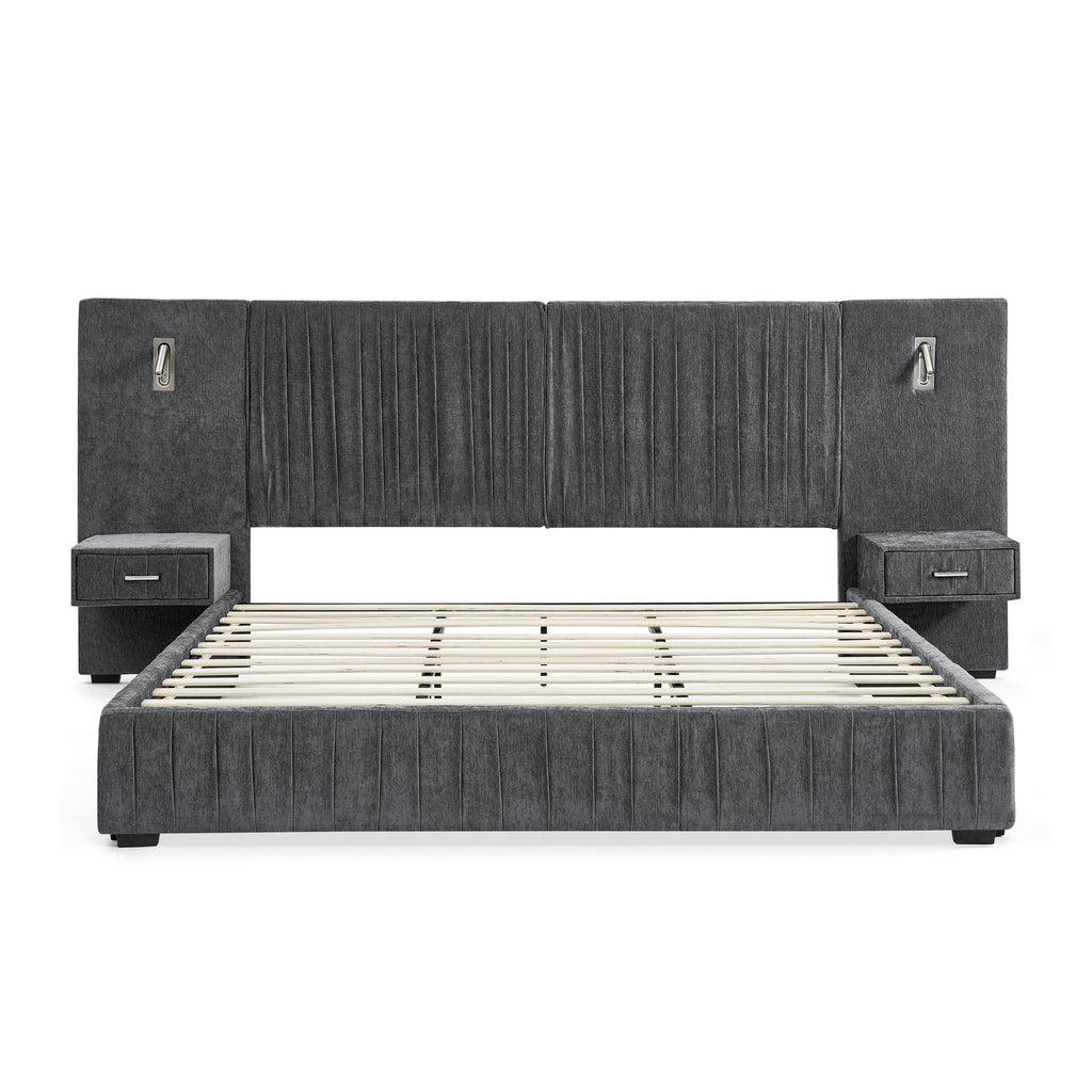 King Size Upholstered Bed Frame with Chenille fabric with pleated design,Grounded King Size Platform Bed with Headboard and Solid Frame and the bedside table.No Box Spring Needed-Blue-Green