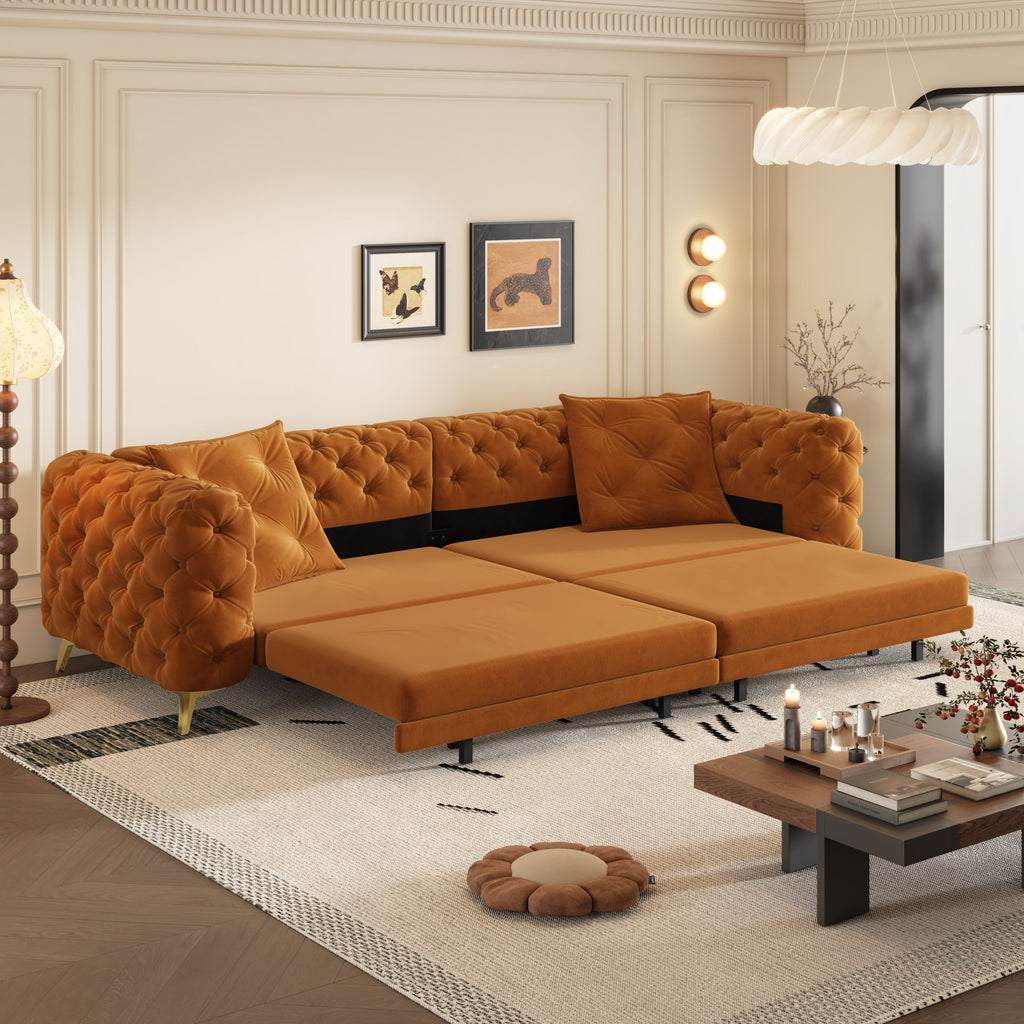 97.7' 3-in-1 Convertible Sleeper Sofa, 28.4' Deep Seat Pull Out Sofa Bed,Button Tufted Modern Sofa, 4-Seater Couch with Movable Ottoman for Apartment, Office, Bedroom,Beige/White