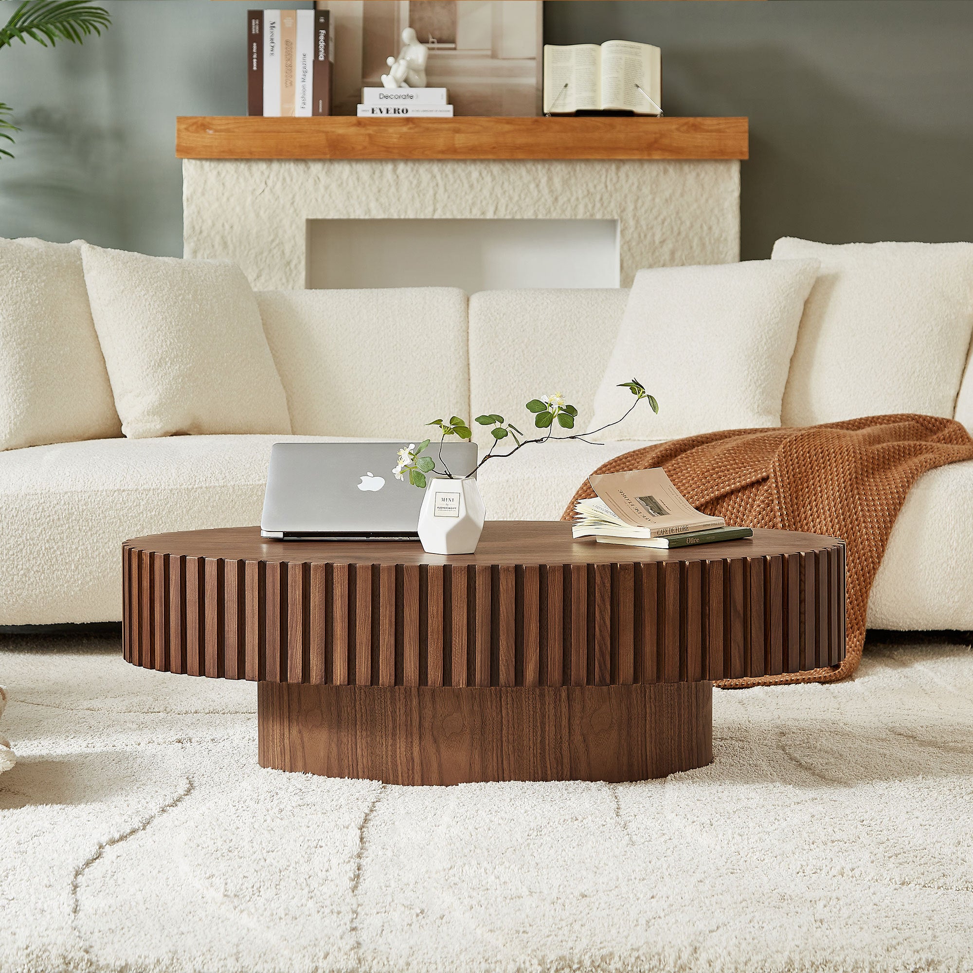Oval coffee table with MDF pedestal — dimension reference