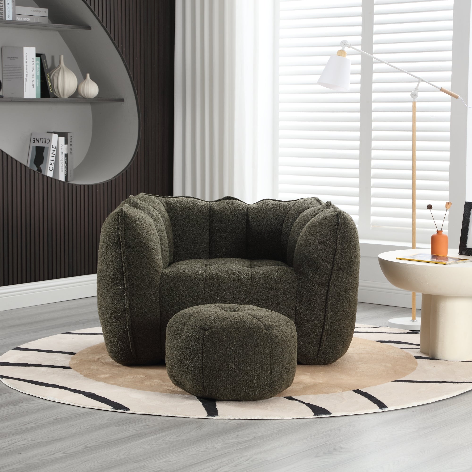 Olive green bean bag lounger with footstool — angle view