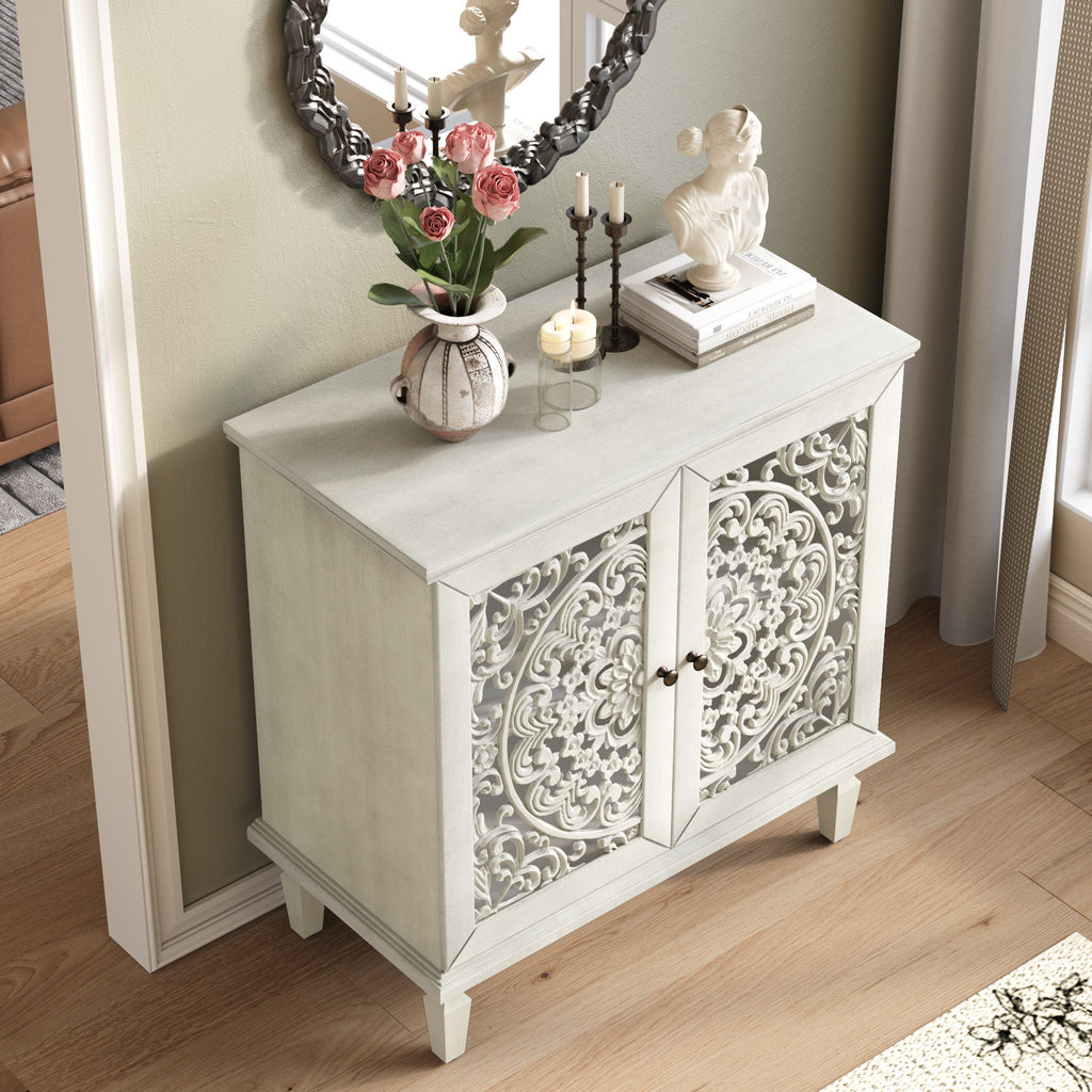 Vintage Hollow-Carved Accent Cabinet, 2-Door Display Storage Sideboard with Symmetrical Floral Design, Adjustable Shelf and Solid Wood Legs for Living Room Entryway(Antique Green)