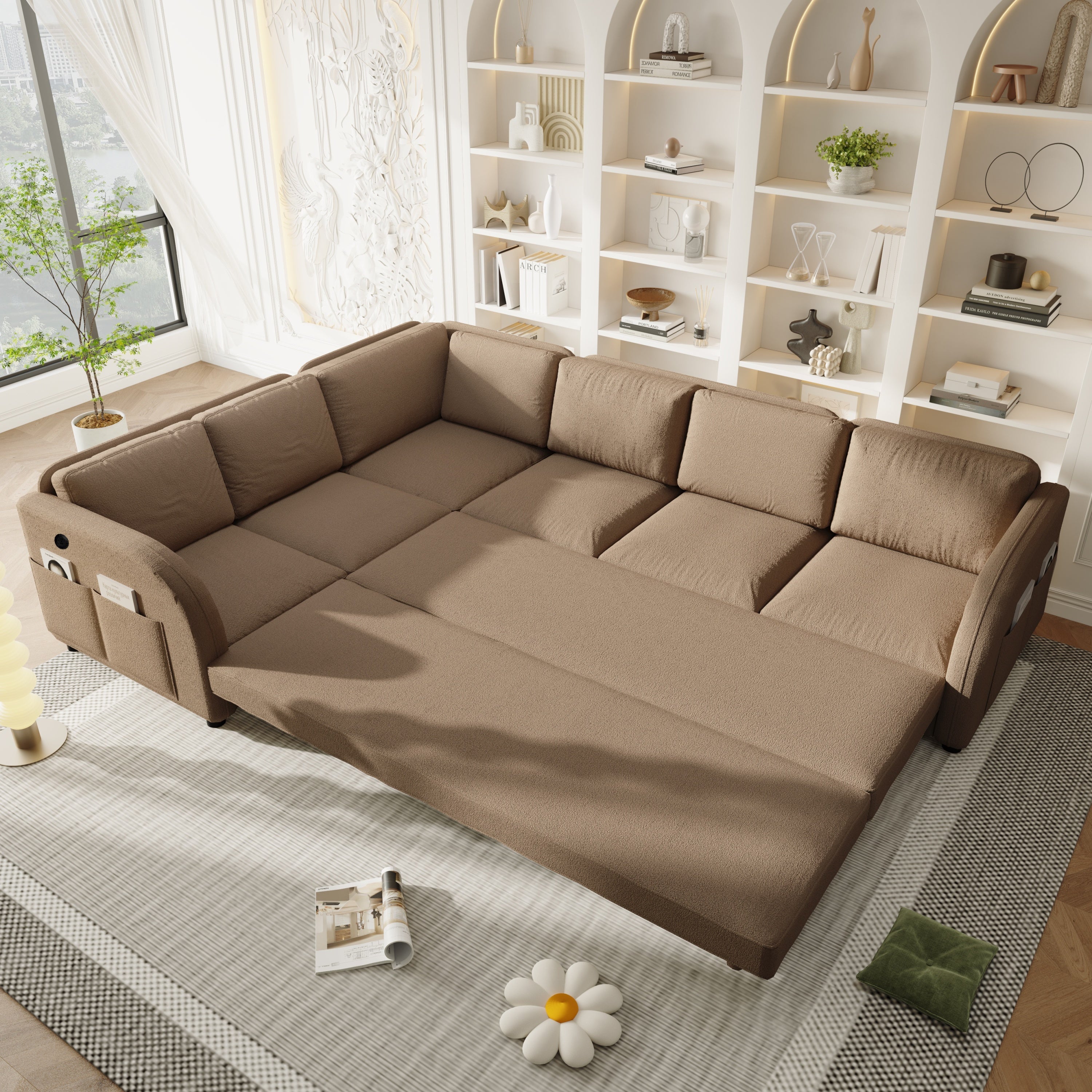 115.2' L-Shaped Sofa Couch with Pull-Out Bed,Oversize Convertible Sleeper Sofa with side Pocket & USB Port,Teddy Upholstered Sectional Couches with Convert Left/Right Facing, Light Grey