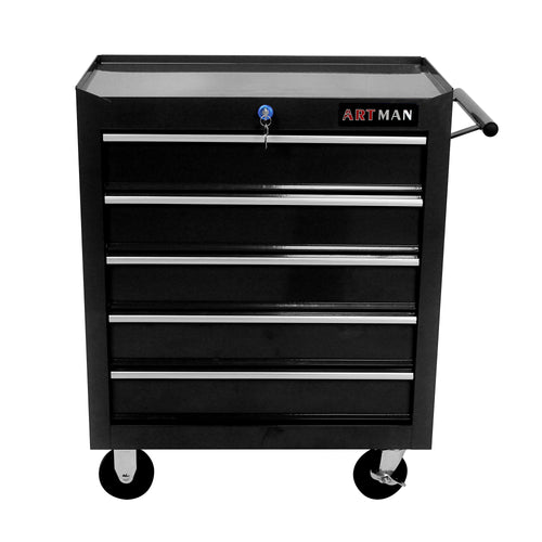 Black 5-drawer rolling tool cart with wheels — front view