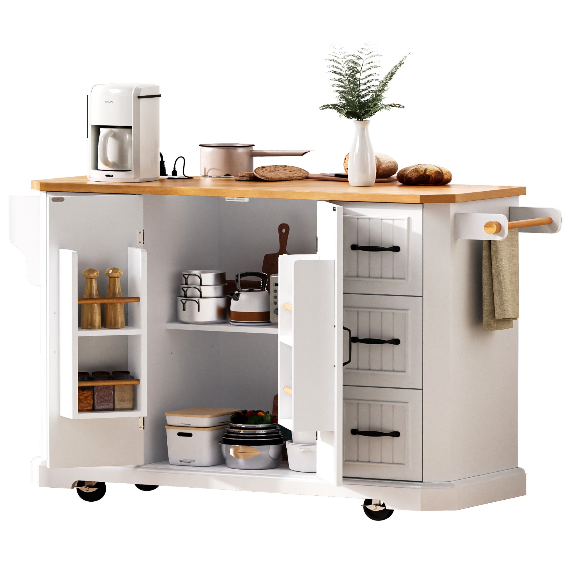 K&K 56 inch Kitchen Island with Rubber Wood Veneer Drop Leaf, Power Outlet, 4 Door Shelves, Embossed Vertical Stripe Rolling Kitchen Cart on 4 Wheels with 6 Deep Drawers for Kitchen, Dining Room,Black