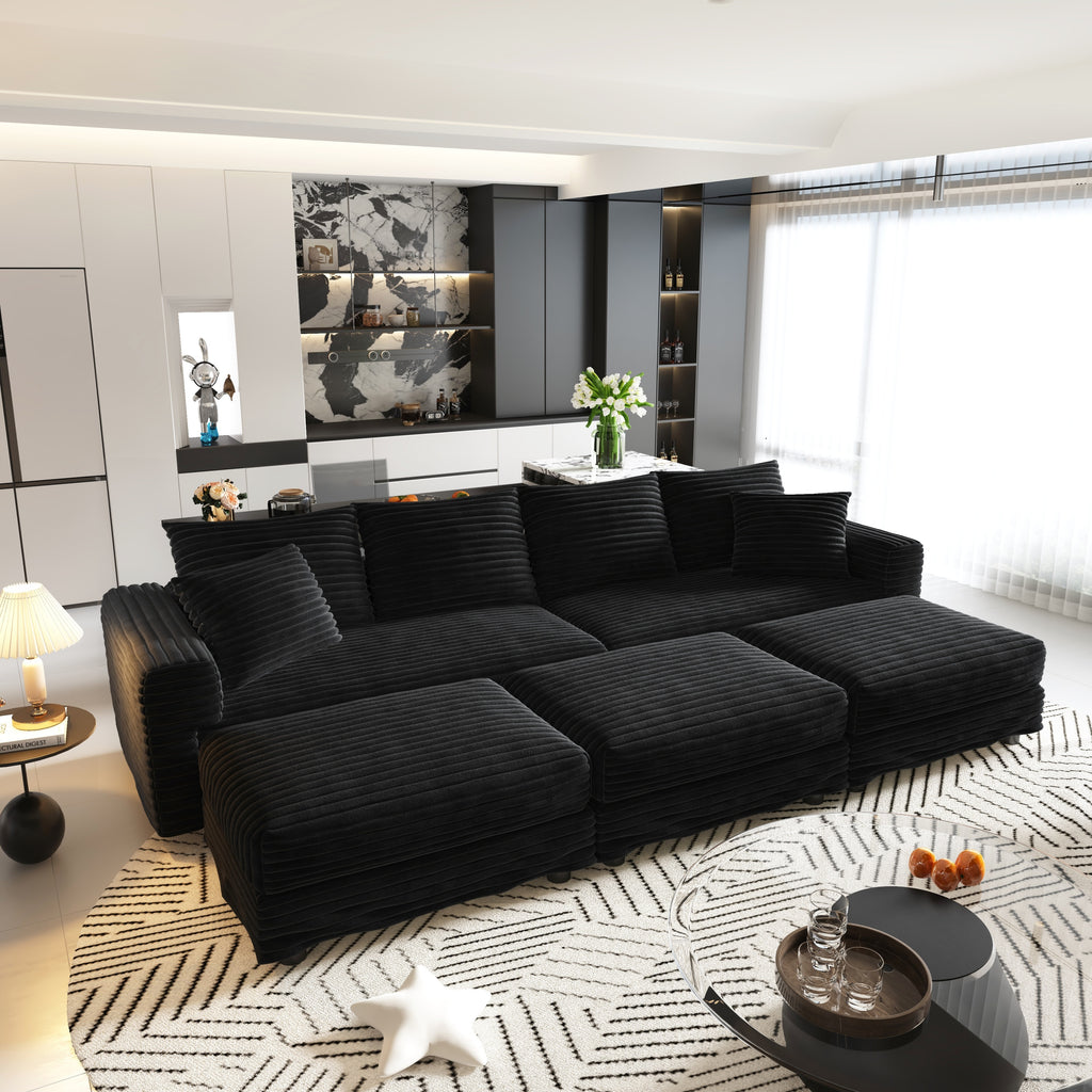 102.4 'Plush Corduroy 4-Seat Sofa,Modern Comfy Upholstered Sofa Cloud Couch,Deep Seat Couches with Soft Pillows and 3 Ottomans,Convertible Sofa Lounge Chair,Black(Old SKU:W1885S00287)