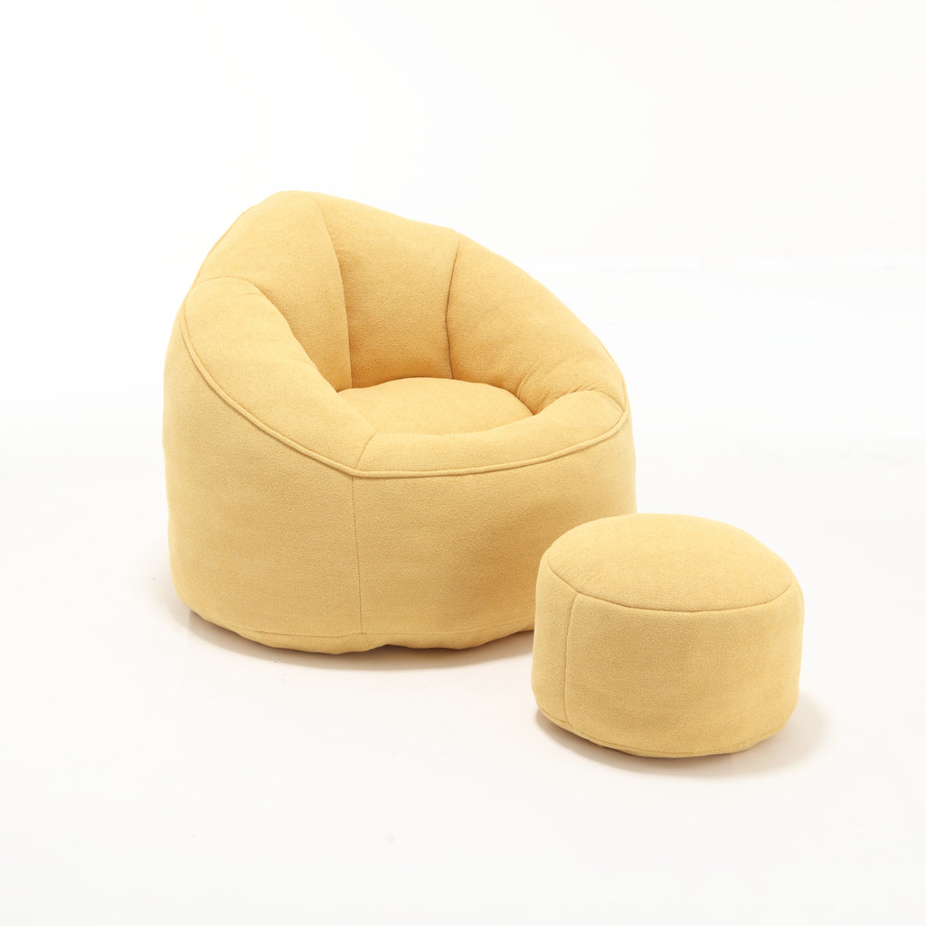 Yellow microfiber bean bag chair with footrest — front view