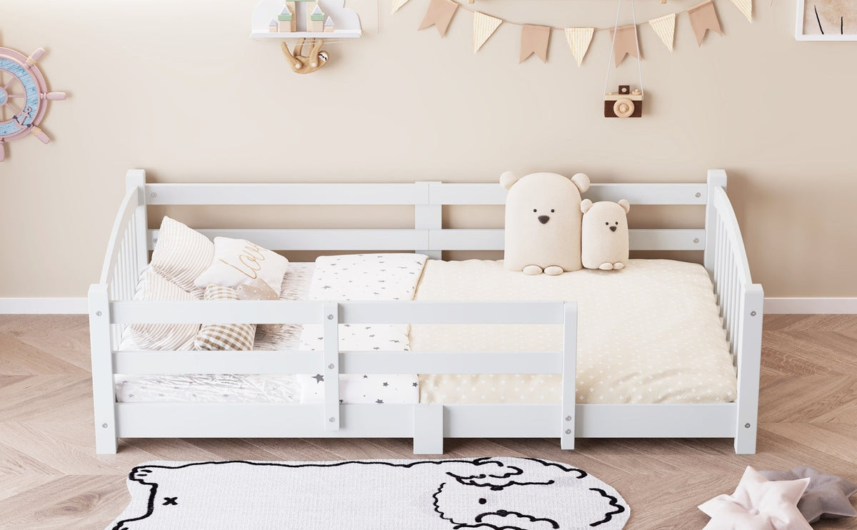 Twin Montessori Floor Bed with Slats and Safety Guardrails, Solid Wood Floor Bed with Fence and Without Door, Easy Assemble Montessori Bed for Girls and Boys, Gray
