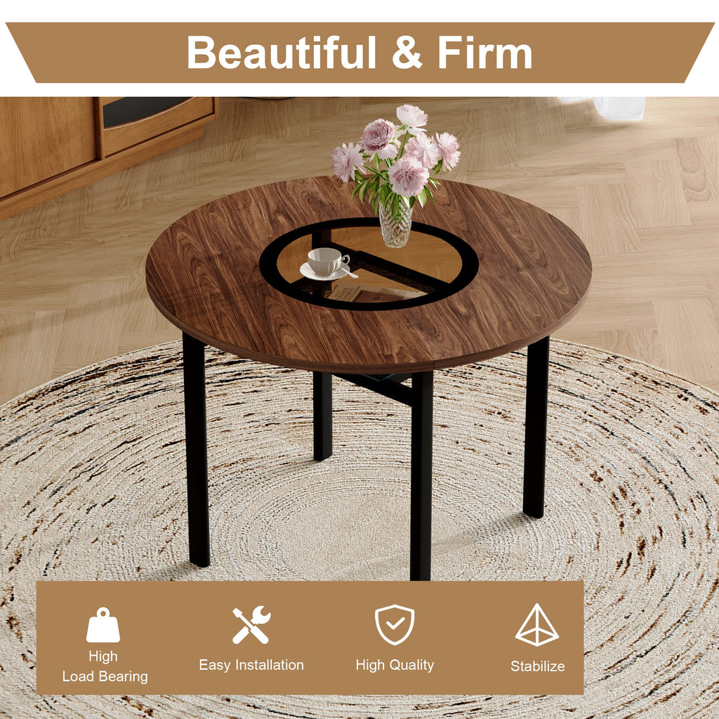 Table and chair set.42 inch modern minimalist brown wood grain round dining table set.Paired with 6 Black Artificial PU Chairs With Curved Widened Cushion Design. Suitable for dining rooms,office,etc.