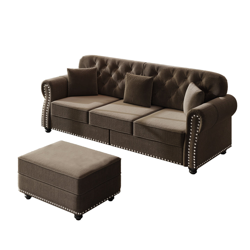 82.6'Upholstered Velvet Sofa with Nailhead Trim and Rolled Armrests,Mid-Century Modern Chesterfield Sofa with Button Tufted,Includes 3 Pillows,Burgundy