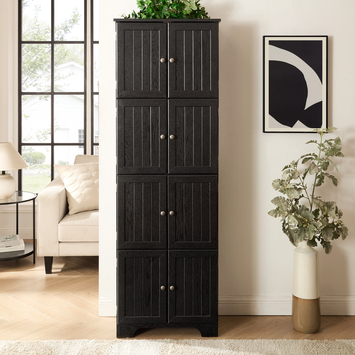 72.4' Tall Storage Cabinet Tall Storage Cabinet with 8 Doors and 4 Shelves ,Bookshelf Living Room, Kitchen, Dining Room, Office  Freestanding Storage Cabinet, BLK