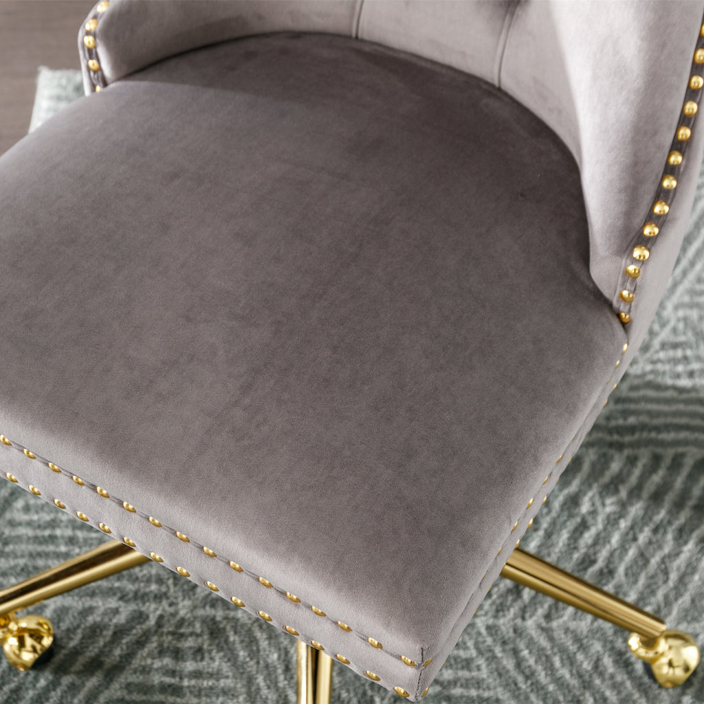 Gray velvet desk chair seat cushion close-up